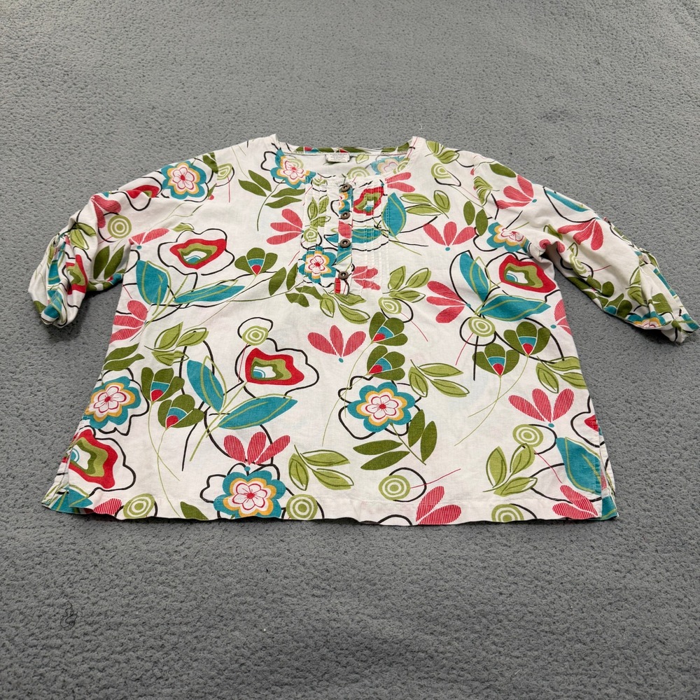 Hot Cotton Henley Top Womens XL Floral Roll Tab Pintuck White Multi